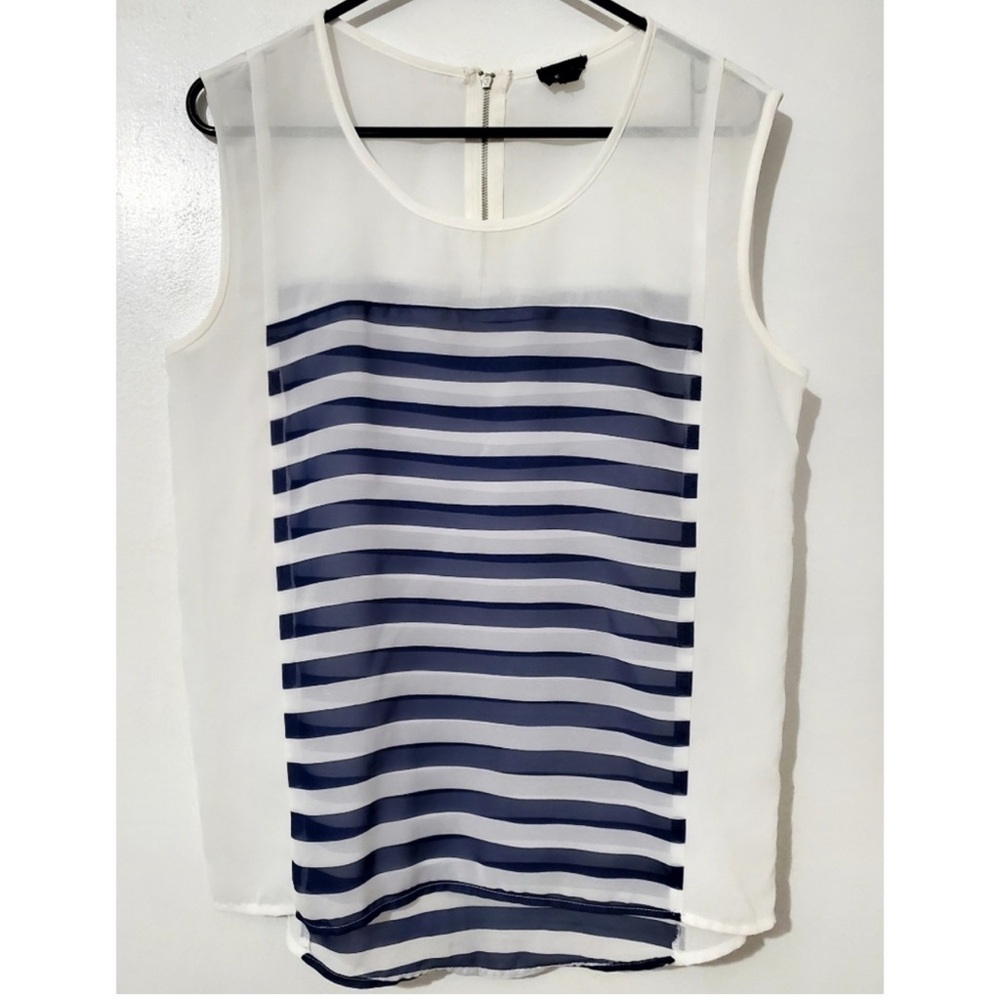 Fate Women's Navy and White Striped Sheer Tank Medium
